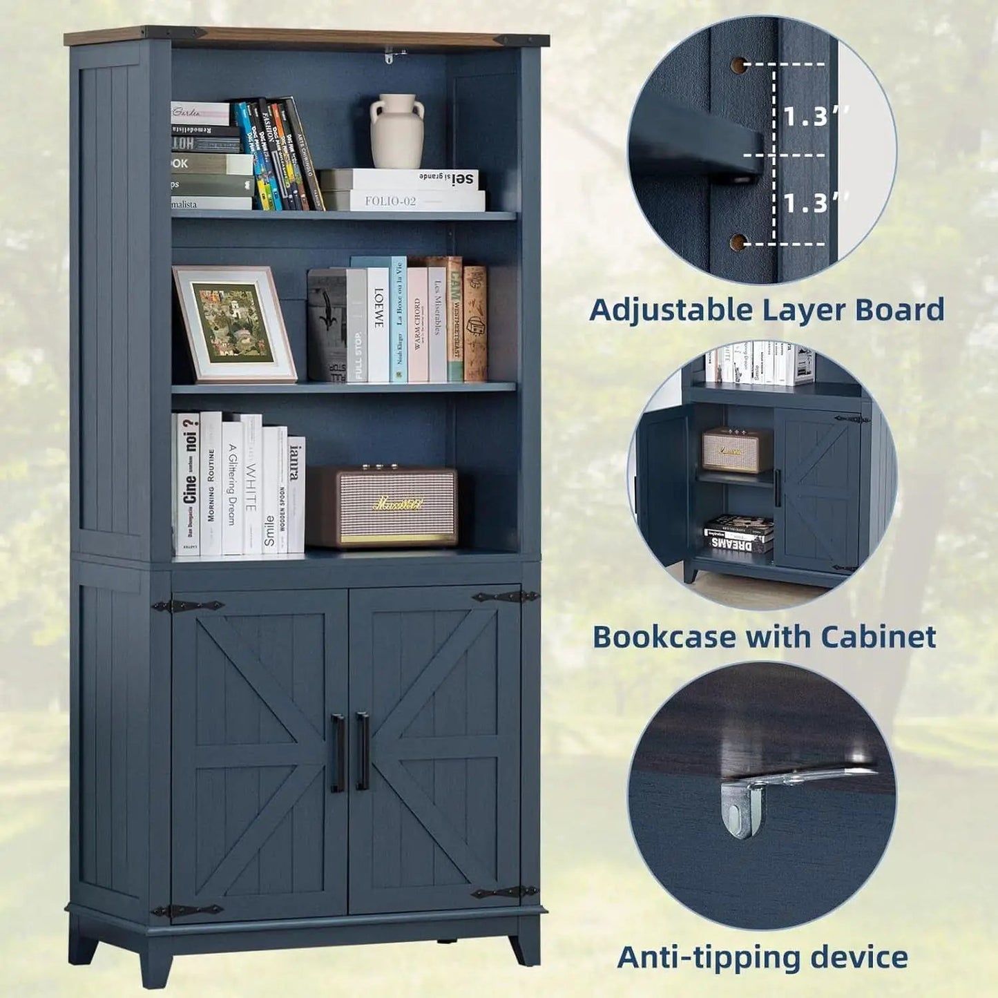 Blue 70 Inch Tall Farmhouse Bookcase Adjustable Shelves from PriceLows™