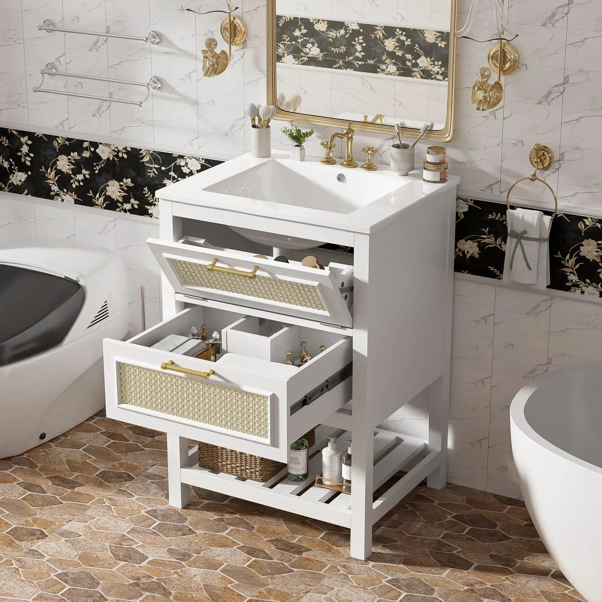 Modern Bathroom Vanity With Integrated Sink, Cabinet With 1 Deep Drawer And 1 | 2 Pieces | Solid Wood & Rattan | Bathroom