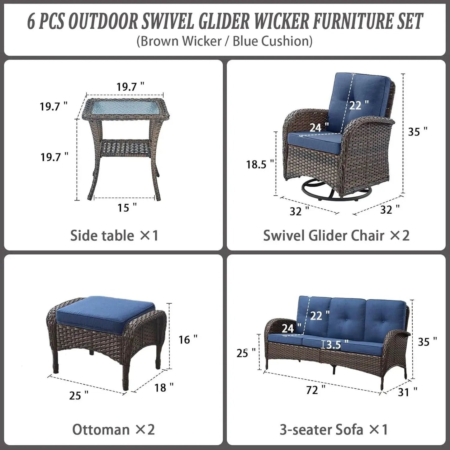 Six Piece Patio Conversation Set Brown Wicker Blue Cushions from PriceLows™