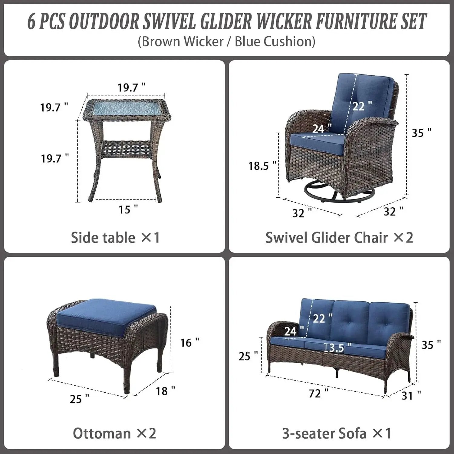 Six Piece Patio Conversation Set Brown Wicker Blue Cushions from PriceLows™