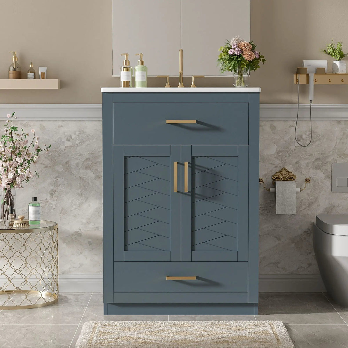24 Inch Modern Vanity | Integrated Ceramic Sink | 2 Door Cabinet | Tip-Out Drawer