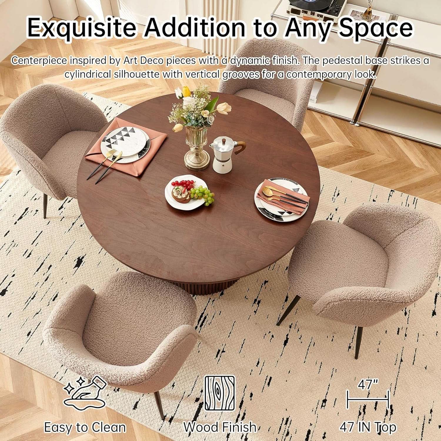 Forty Seven Inch Round Dining Table Set Walnut Finish Woodgrain Chairs from PriceLows™