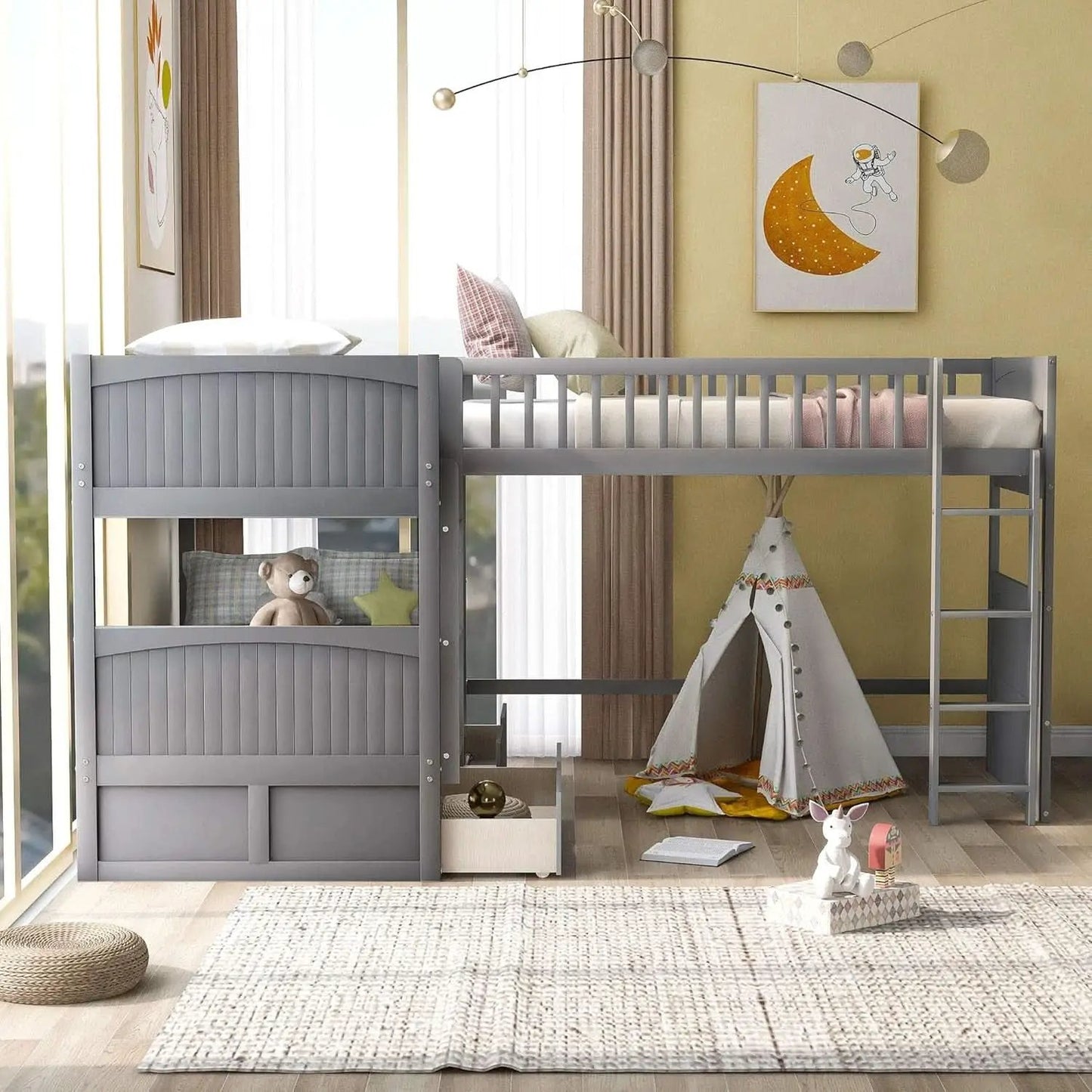 Triple Bunk Bed for Kids L Shaped Solid Wood Gray Twin Size from PriceLows™