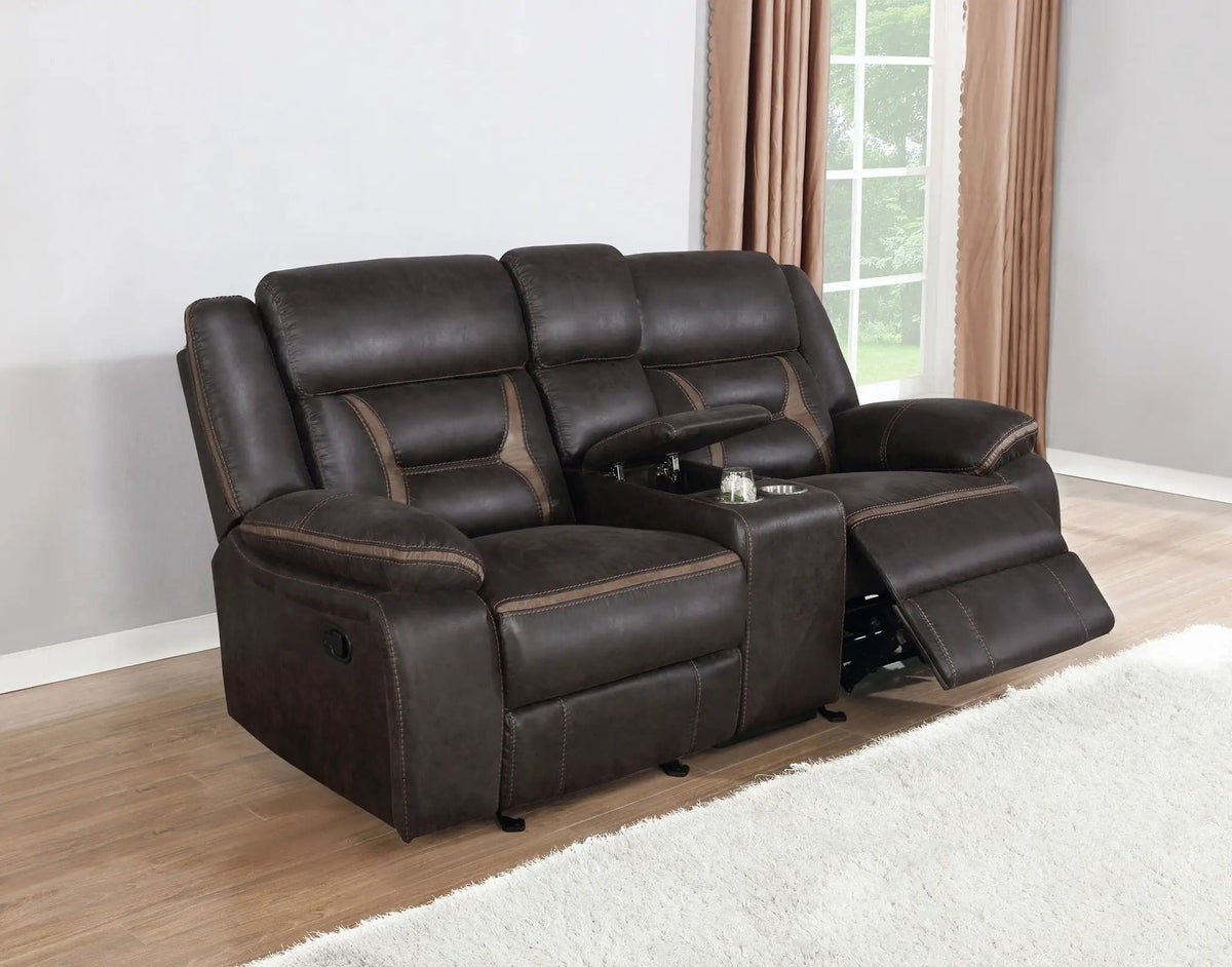 Greer Upholstered Motion Reclining Loveseat | 77 x 38 x 40 in | Engineered Wood & Stainless Steel | Brown