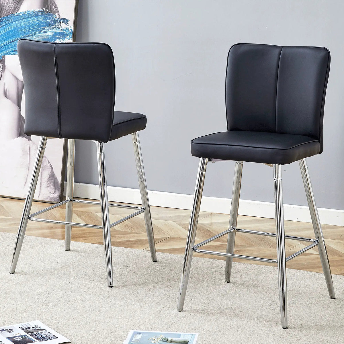 Modern Bar Chair Set | Metal Frame | High Density Foam | Black Silver