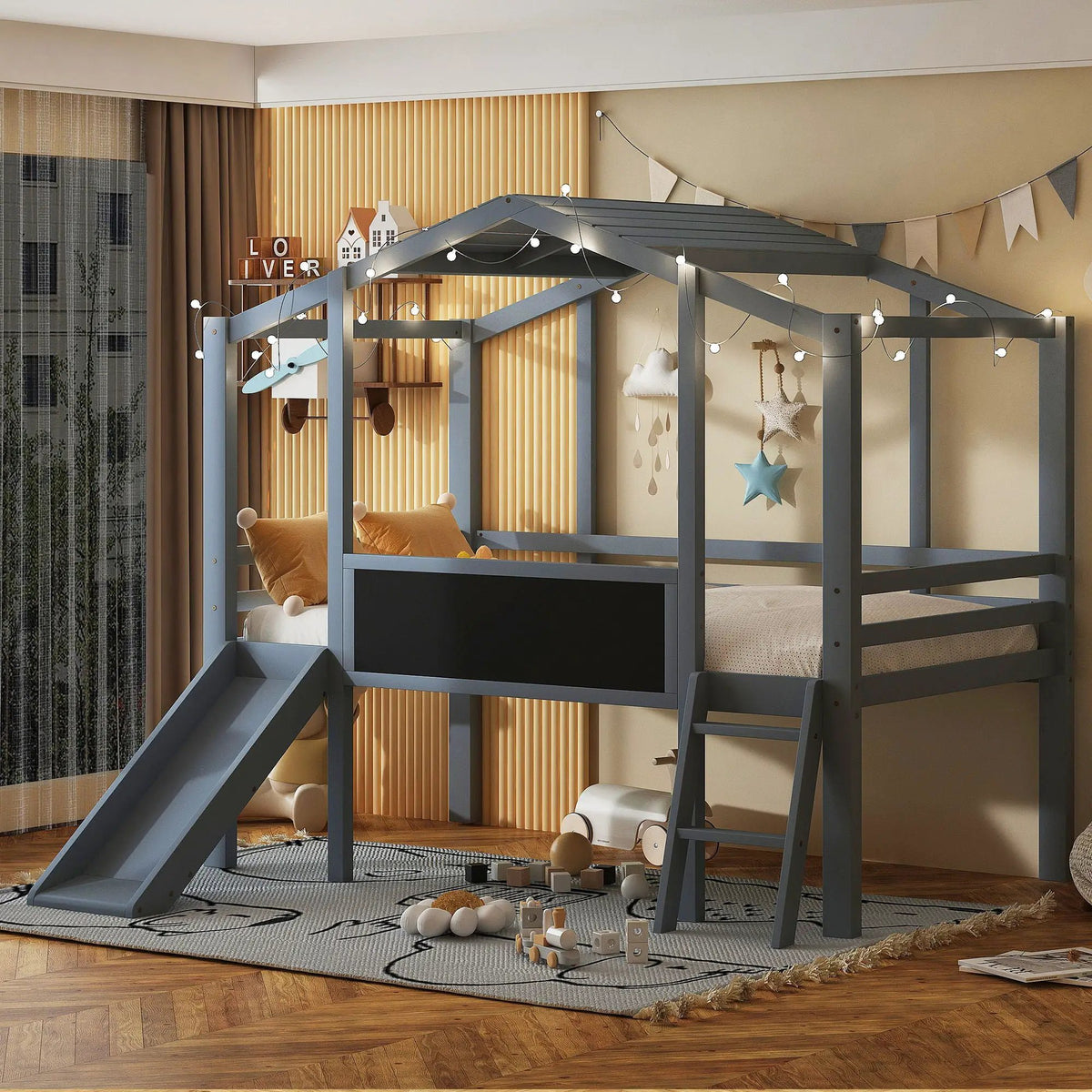 Loft House Bed | Ladder And Slide | Roof Light Strip | Safety Guardrail