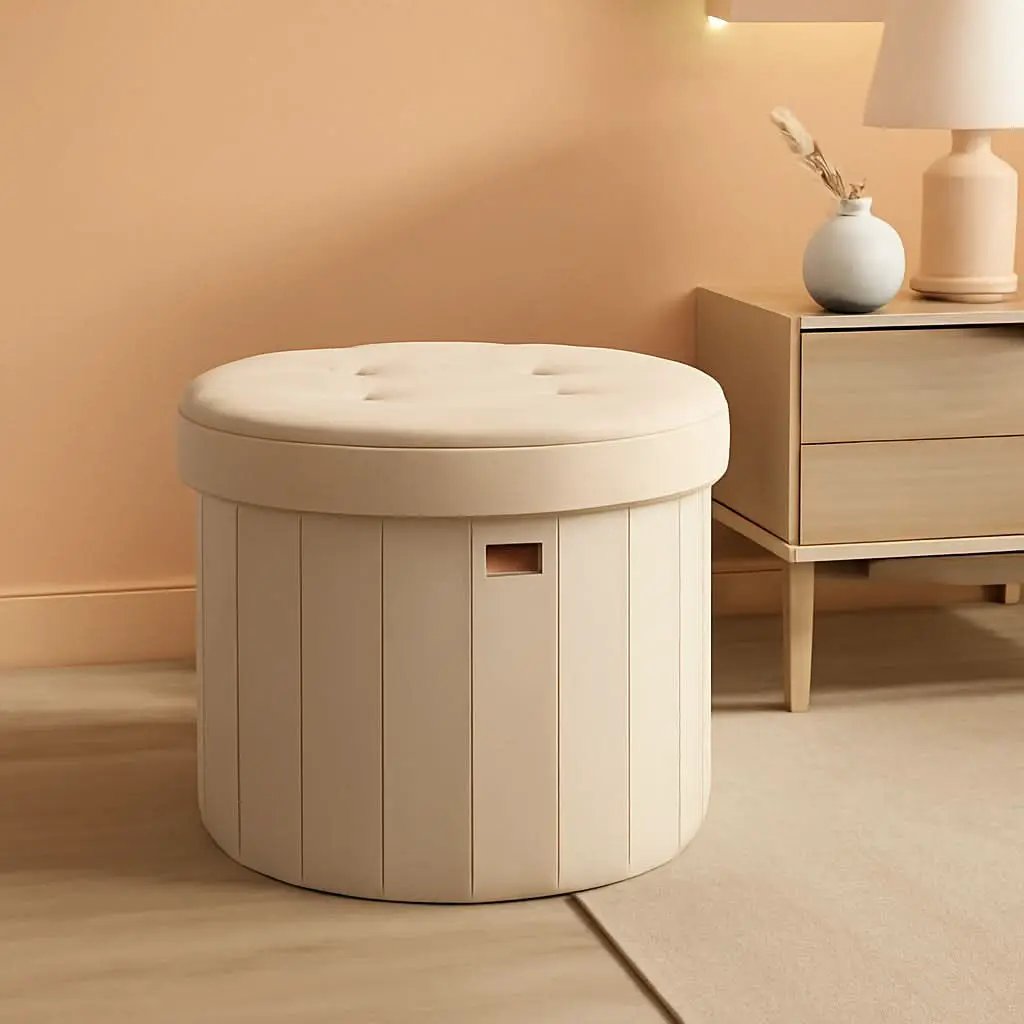 Round Folding Storage Ottoman Cappuccino Beige Velvet from PriceLows™