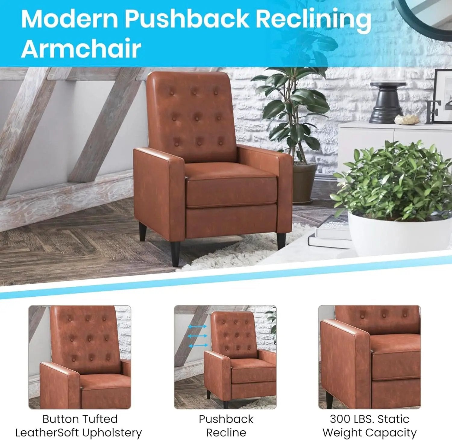 Erza Cognac Brown Leathersoft Pushback Mid Century Modern Recliner Chair from PriceLows™
