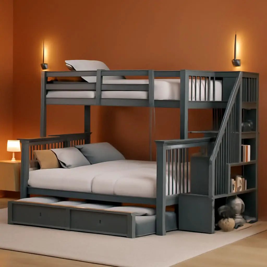 Twin Over Full Bunk Bed With Trundle Storage Shelves Grey from PriceLows™