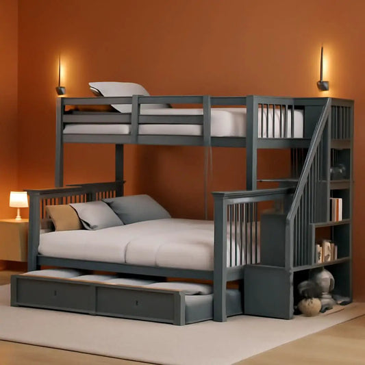 Twin Over Full Bunk Bed With Trundle Storage Shelves Grey from PriceLows™