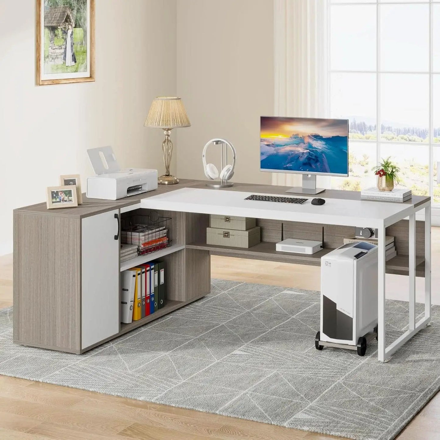 71 Inch Executive L Shaped Desk Cabinets Gray And White from PriceLows™