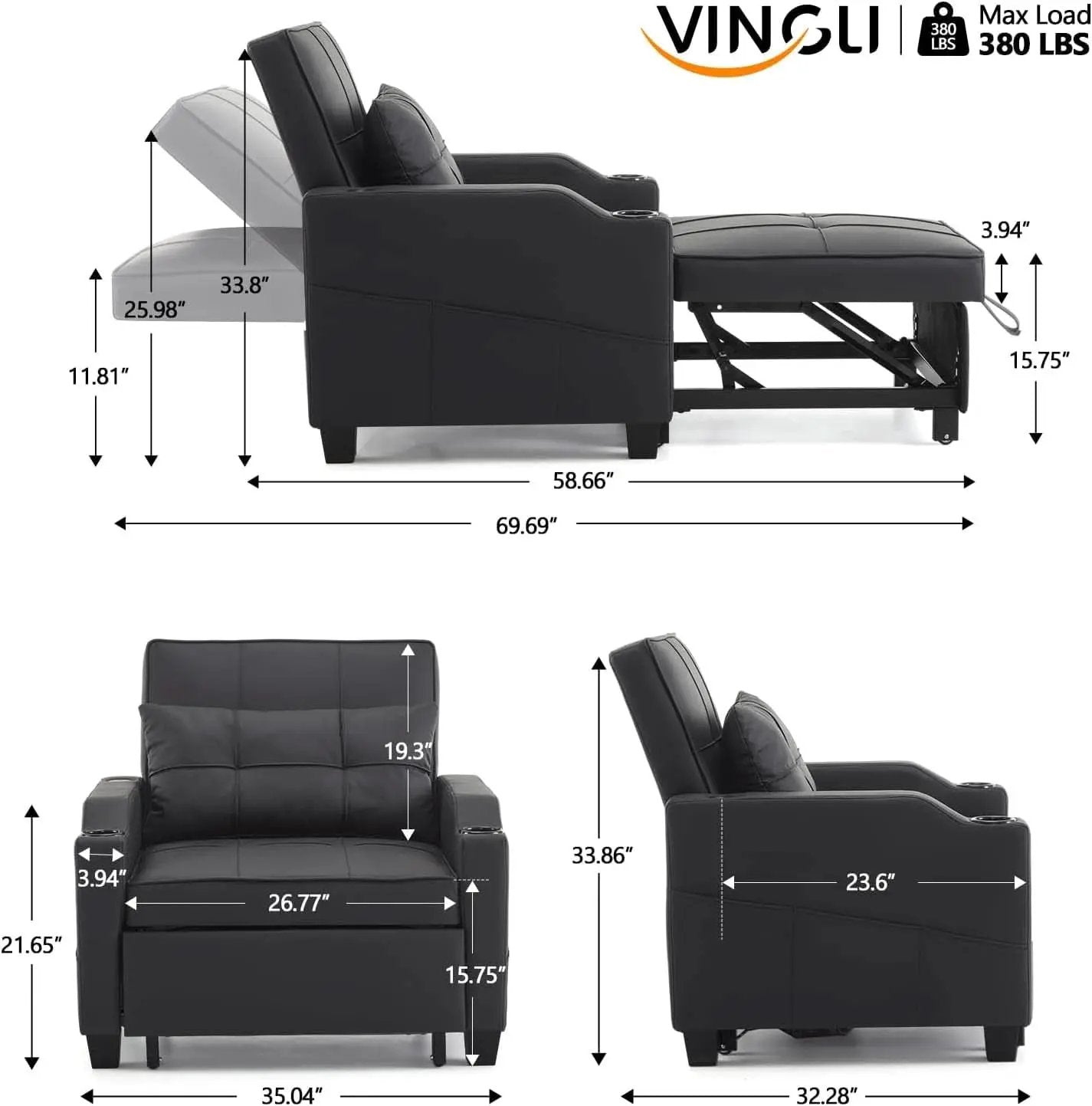 Black Multifunctional Sleeper Chair Sofa Bed Usb Ports from PriceLows™