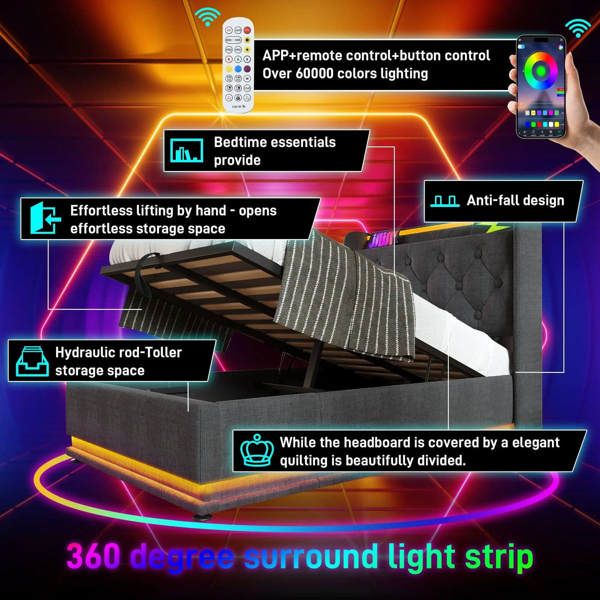 Upholstered Bed, 360 Surround LED Function, Remote Control, Hydraulic Storage Bed | 8 Pieces | Fabric & Iron | Bedroom