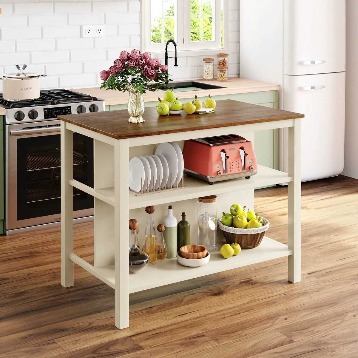 Kitchen Island Set | 3 Piece | Rustic Finish | Solid Rubber Wood