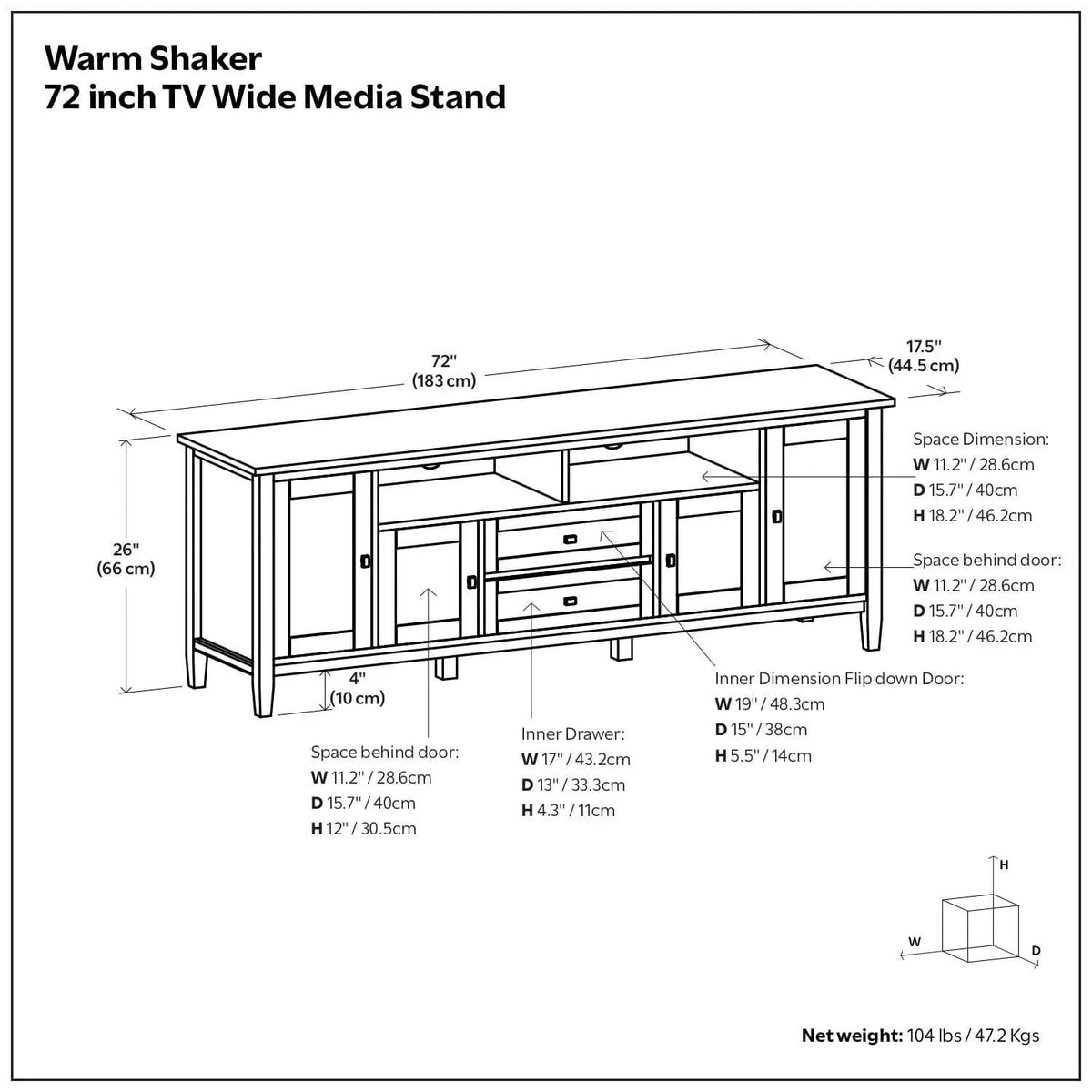 Warm Shaker TV Media Stand | 72 x 17.5 x 26 in | Solid Wood | Hickory Brown