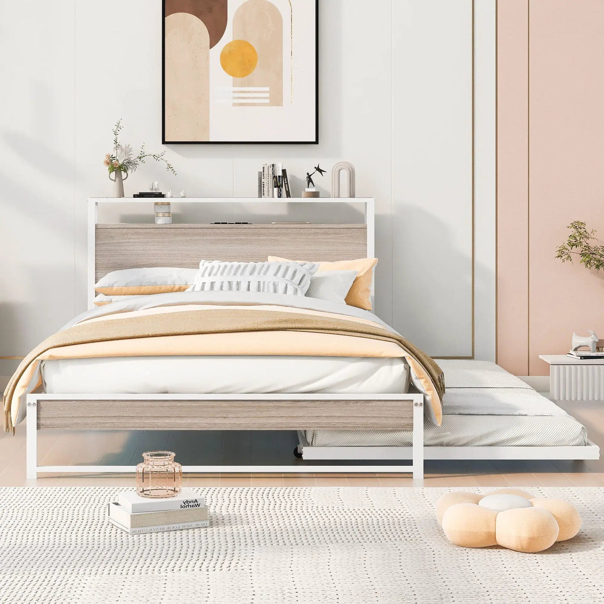 Platform Bed Frame With Trundle | USB Ports | Slat Support | Metal And Wood Build