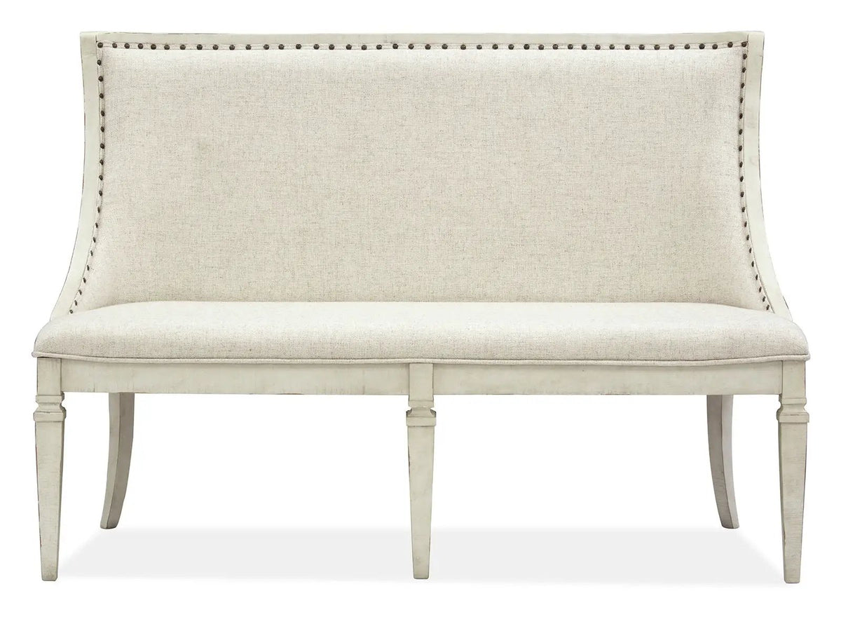 Newport Bench | Upholstered Seat And Back | Alabaster Finish | Pine Veneer And Hardwood