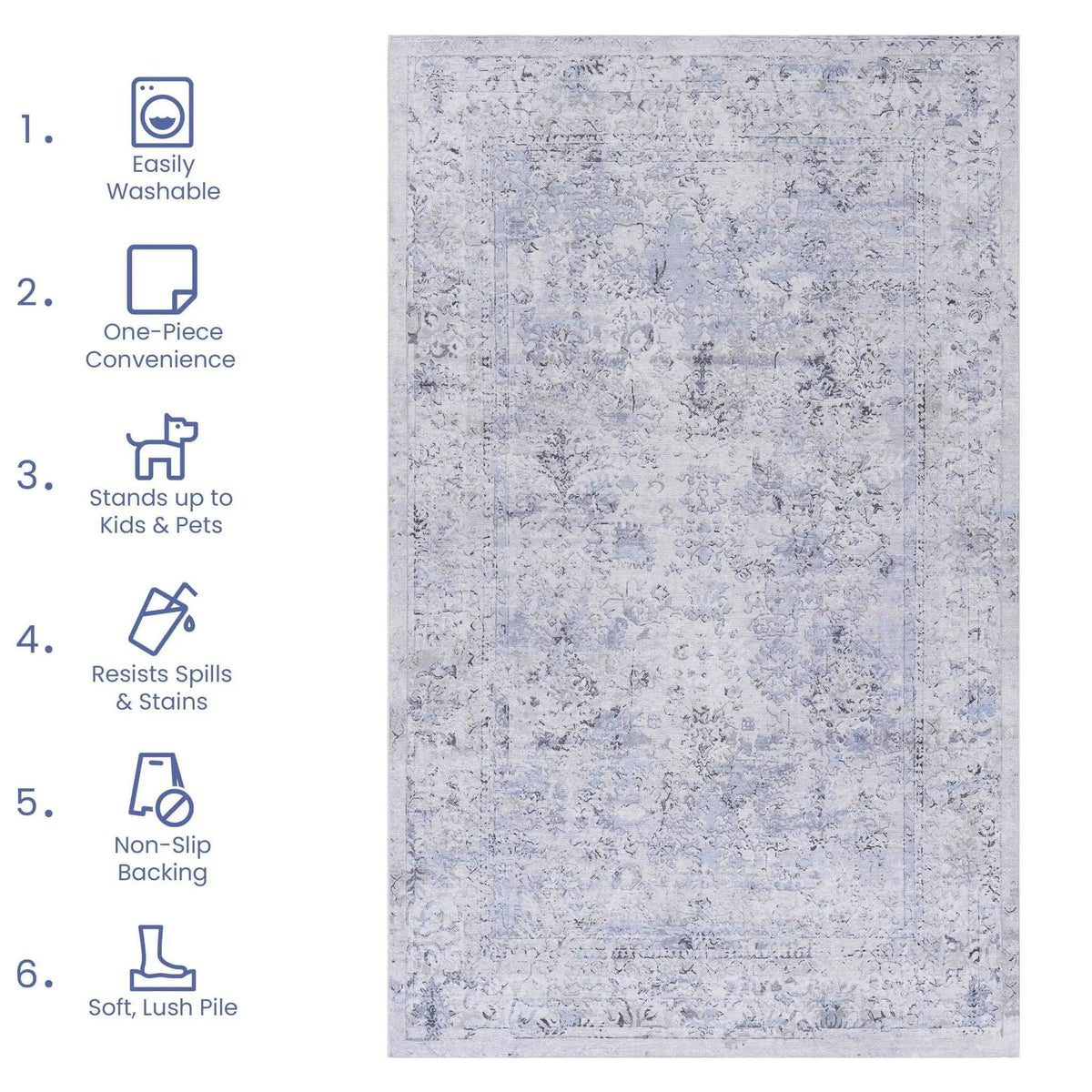 Maval 4' X 6' Area Rug Washable | 72 x 48 x 0.14 in | Cotton | Blue / Cream