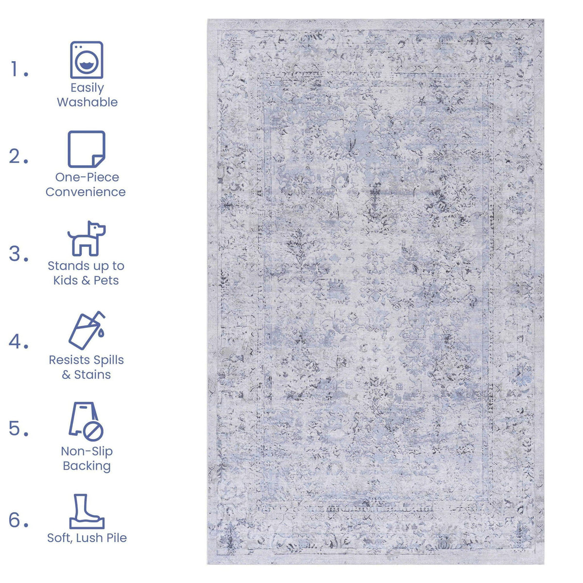 Maval 6' X 9' Washable Area Rug | 108 x 72 x 0.14 in | Cotton | Blue / Cream