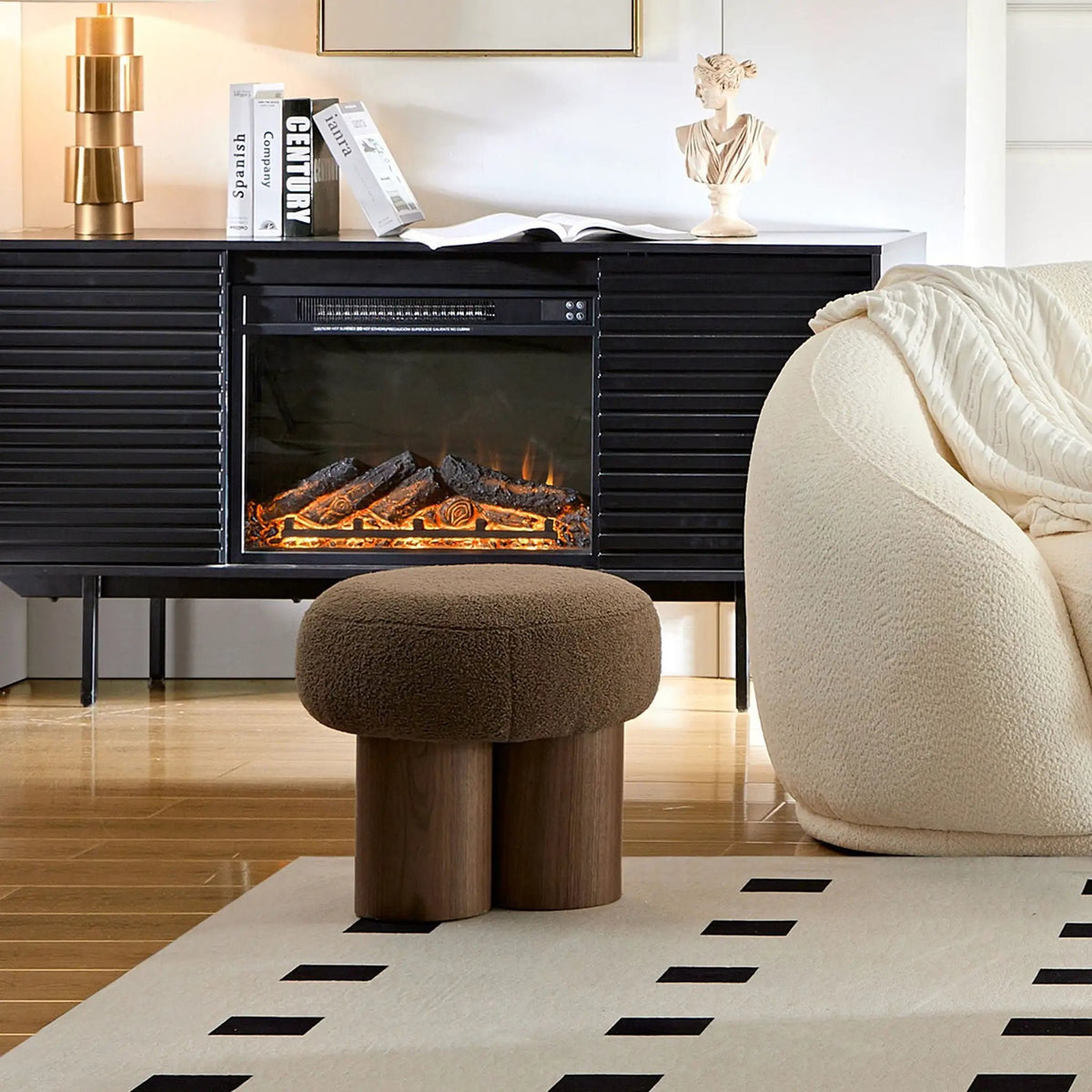 Mushroom Stool With Cushion | Greige Cushion | Wooden Barrel Base | 15.75 Inch Height