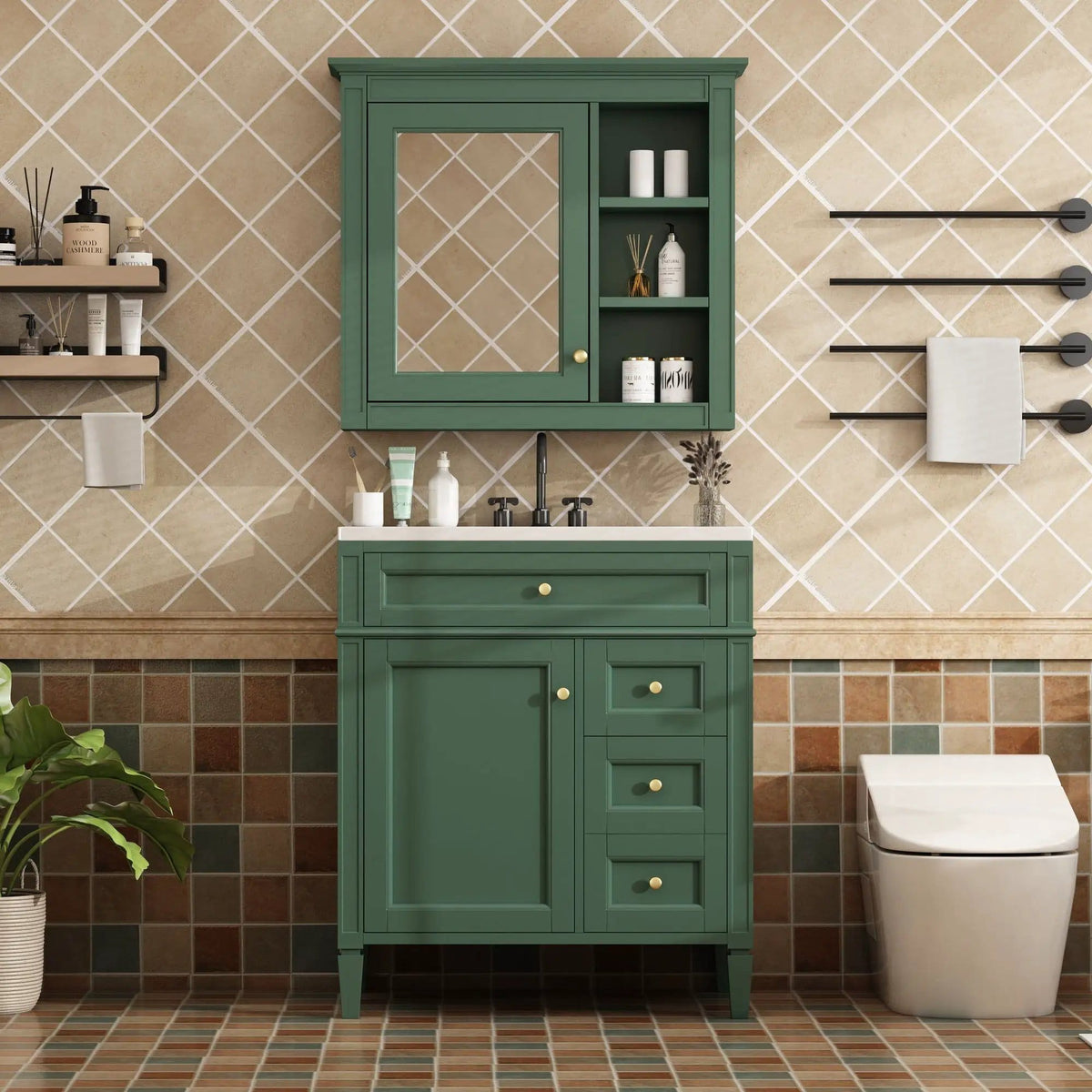 Bathroom Vanity With Top Sink, 2 Doors And 3 Drawers, Freestanding Set With Mirror | Vanity & Cabinet | Solid Wood & Ceramic | Bathroom