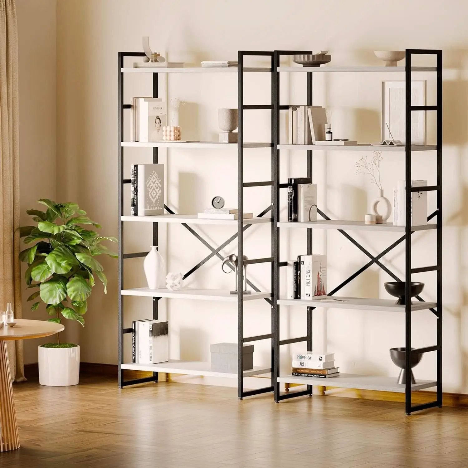 Two Piece Five Tier White Bookshelf Set Industrial Modern Bookcase For Living Room Office from PriceLows™