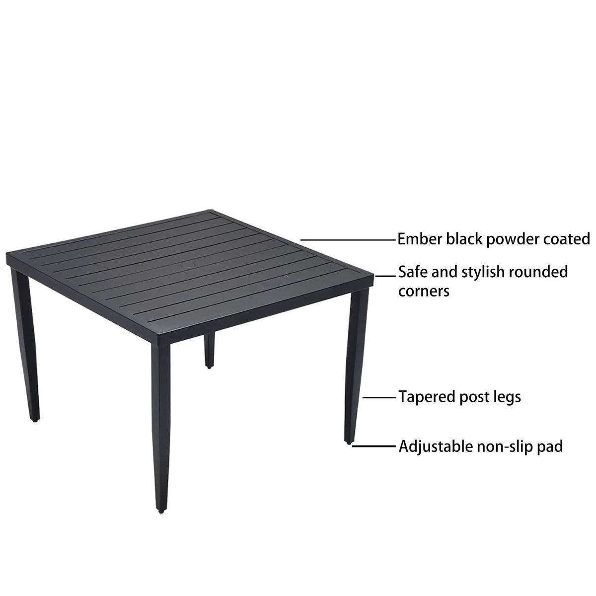 Outdoor Dining Table | Aluminum Frame | Tapered Legs | Umbrella Hole