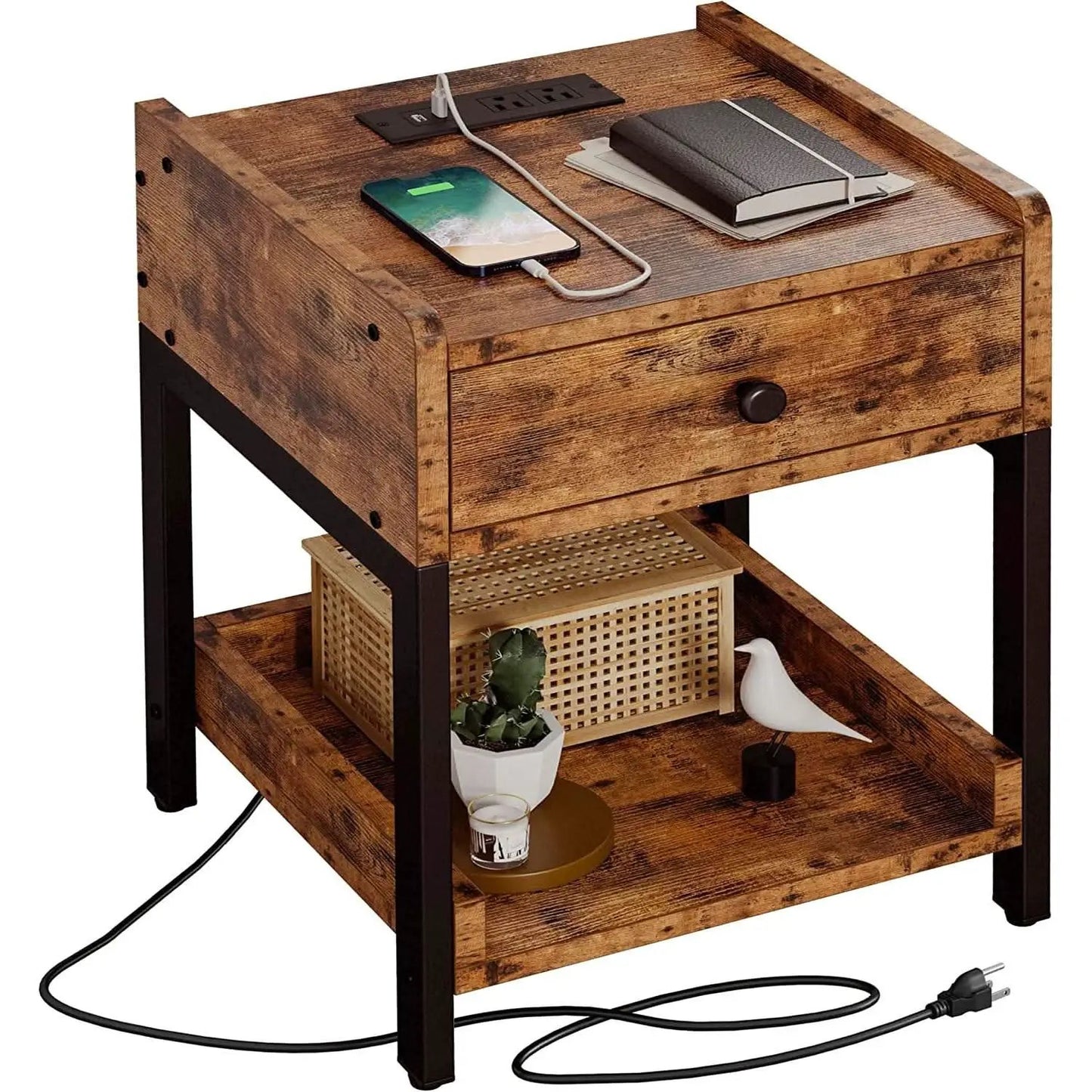 Bedside Table With Charging Station In Vintage Brown from PriceLows™