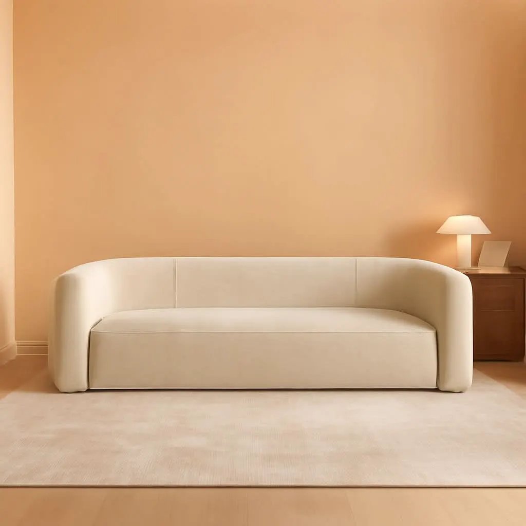 Cream Velvet 3 Seater Modern Sofa With Curved Backrest from PriceLows™