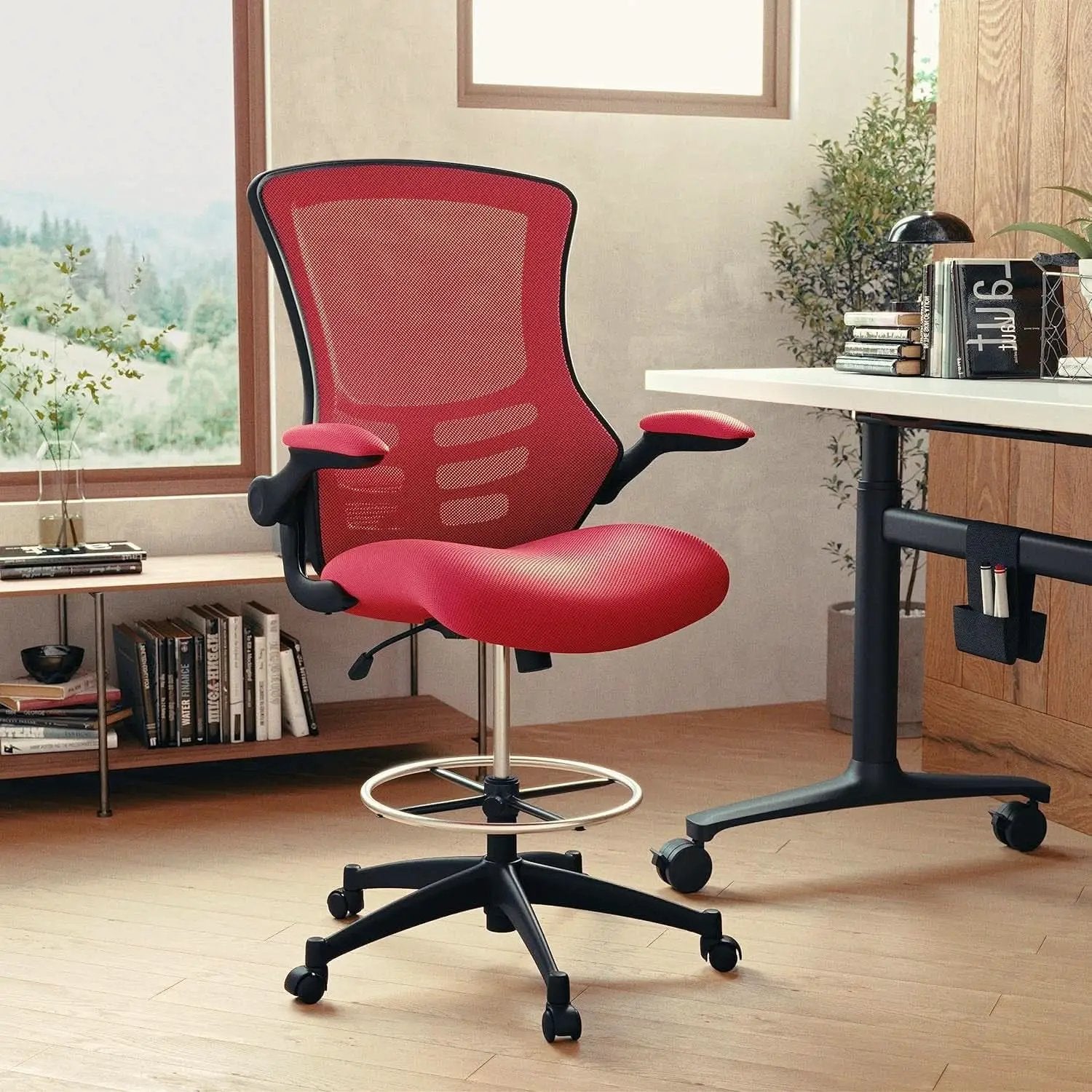 Kelista Red Mid Back Swivel Office Chair With Flip Armrests from PriceLows™