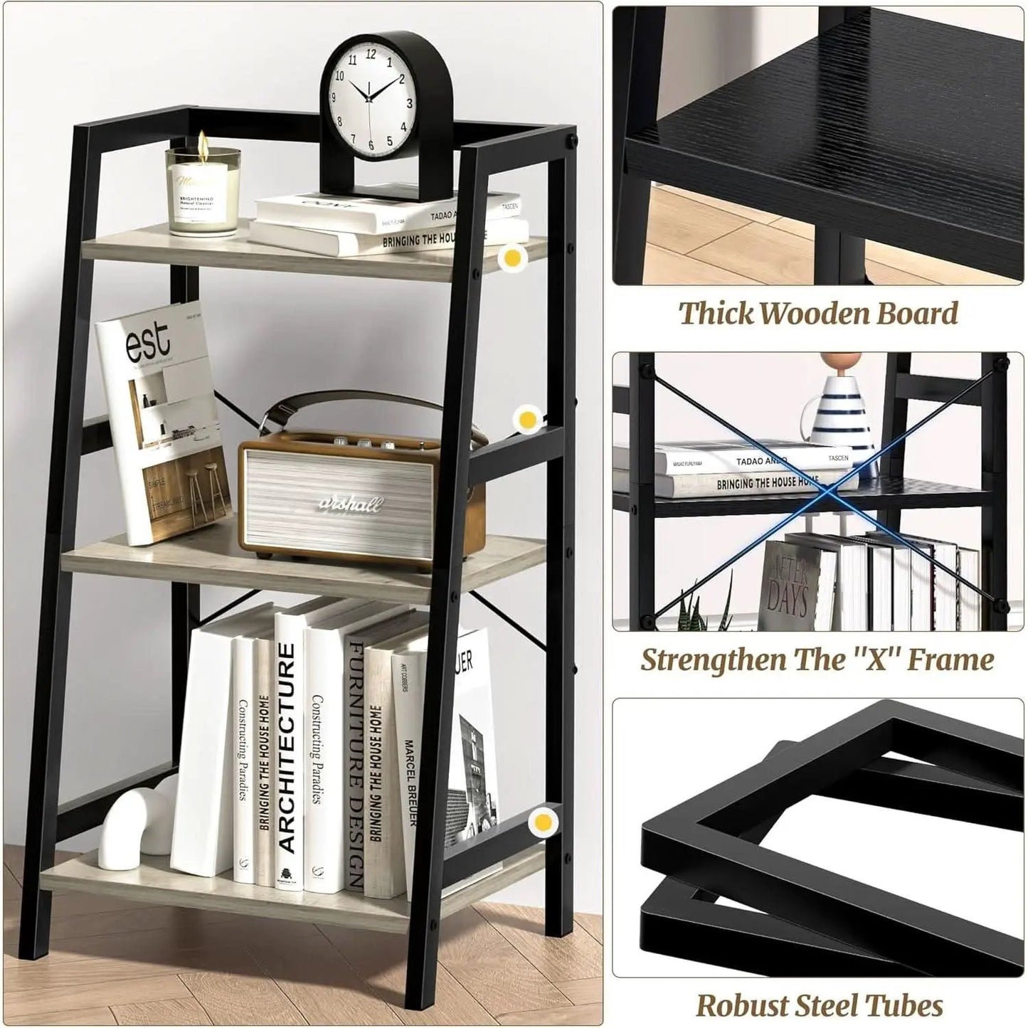 3-Tier Ladder Bookshelf With Steel Frame Greige Black from PriceLows™