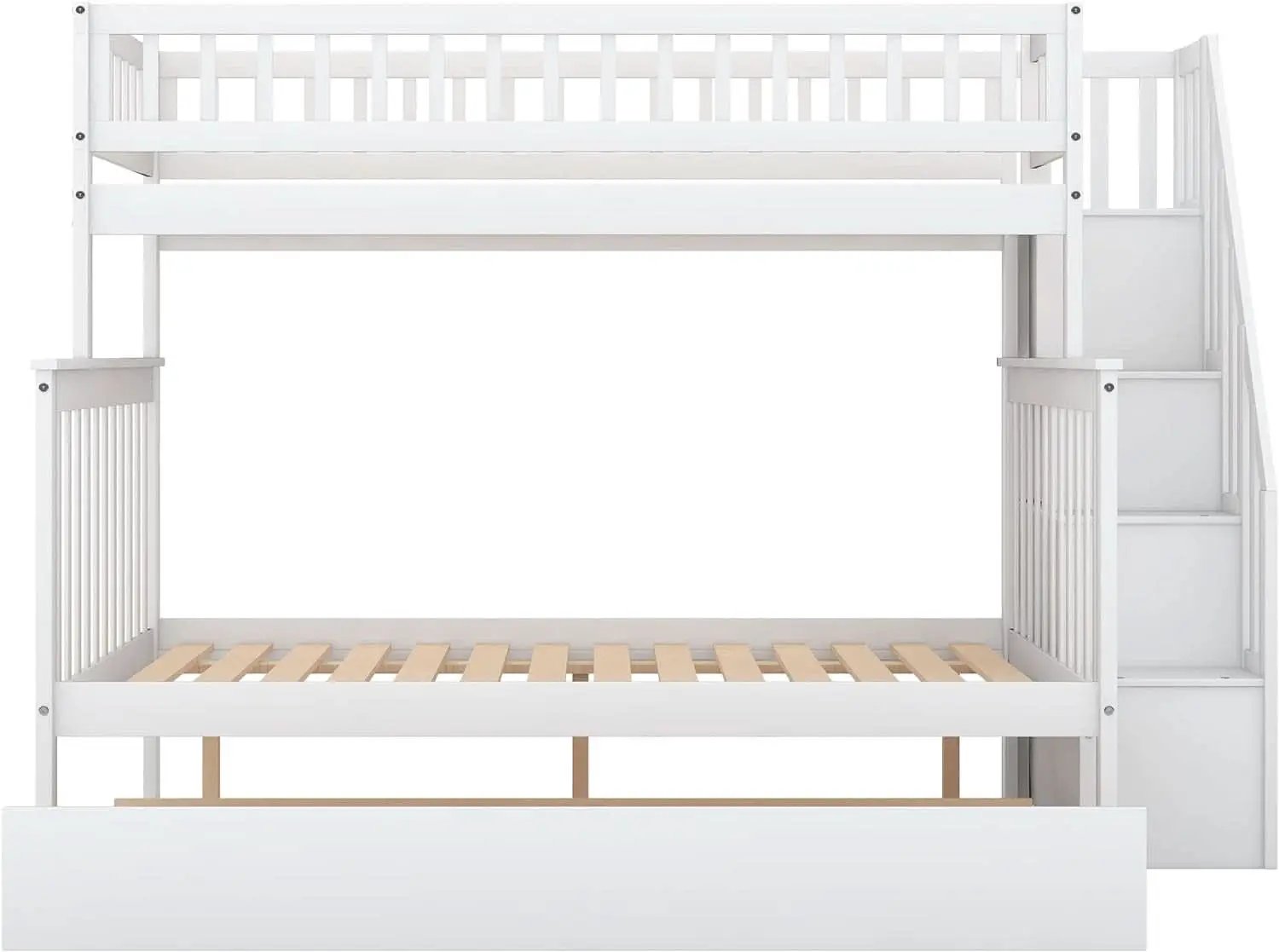 Twin Over Full Bunk Bed With Stairs And Trundle White Wood from PriceLows™