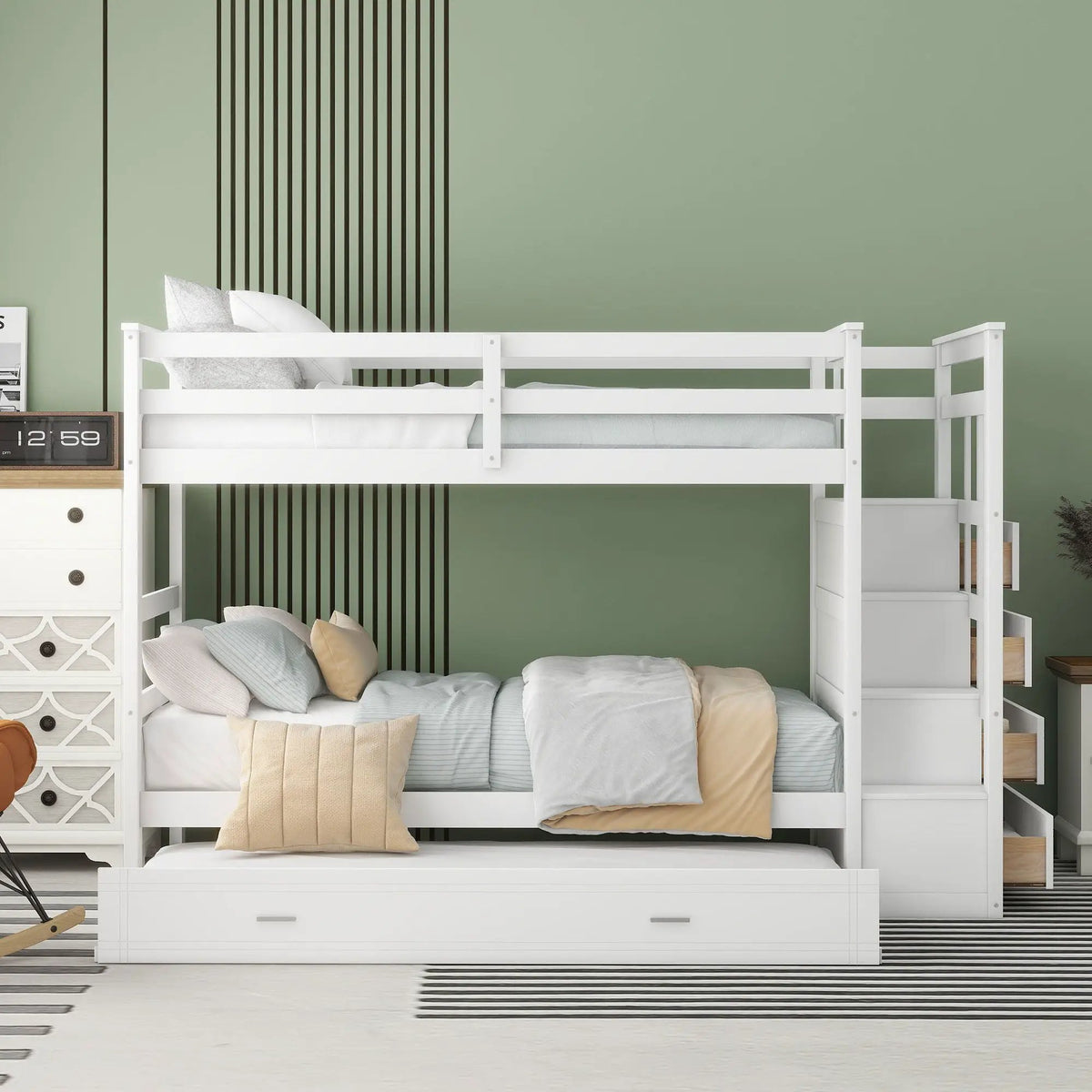Twin Over Twin Bunk Bed | Trundle And Staircase | Multifunctional Storage Stairs | White