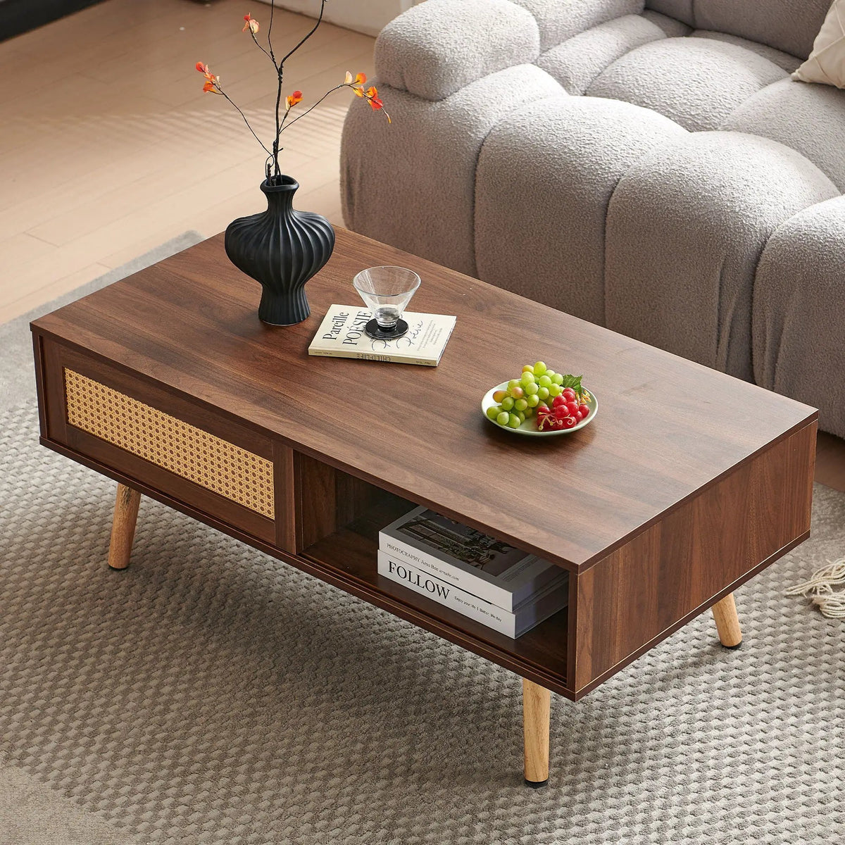Rattan Coffee Table | 41.34 Inch Width | Sliding Storage Door | Solid Wood Legs