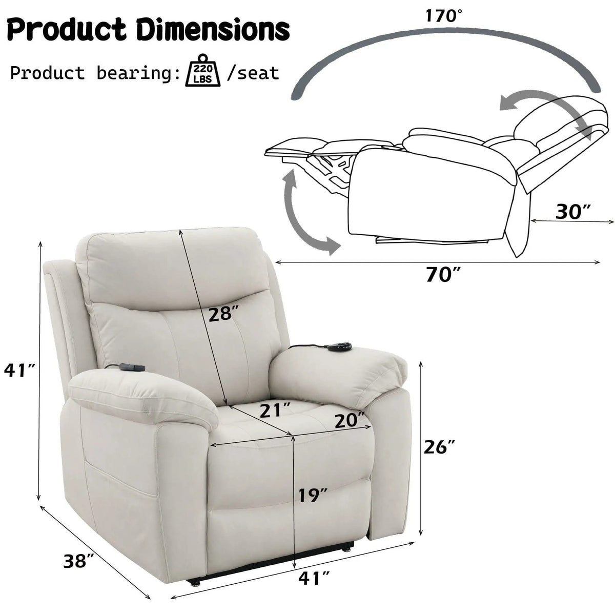 Chriki Power Motion Recliner & Lift Heating Massage Chair | 38 x 41 x 41 in | Living Room Furniture | Beige