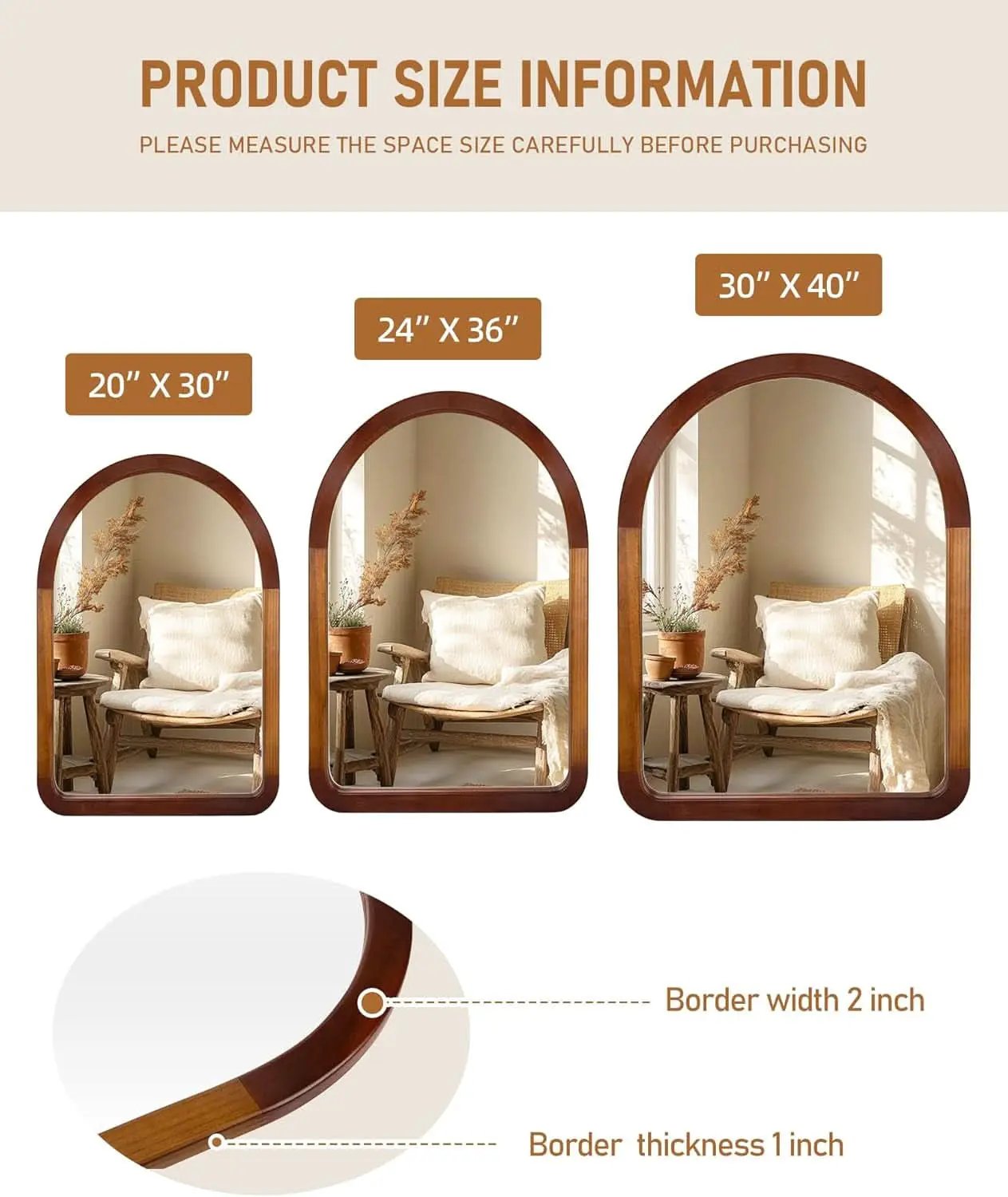 Arched Mirror 24x36 Walnut Brown Wood Frame Wall Mounted from PriceLows™