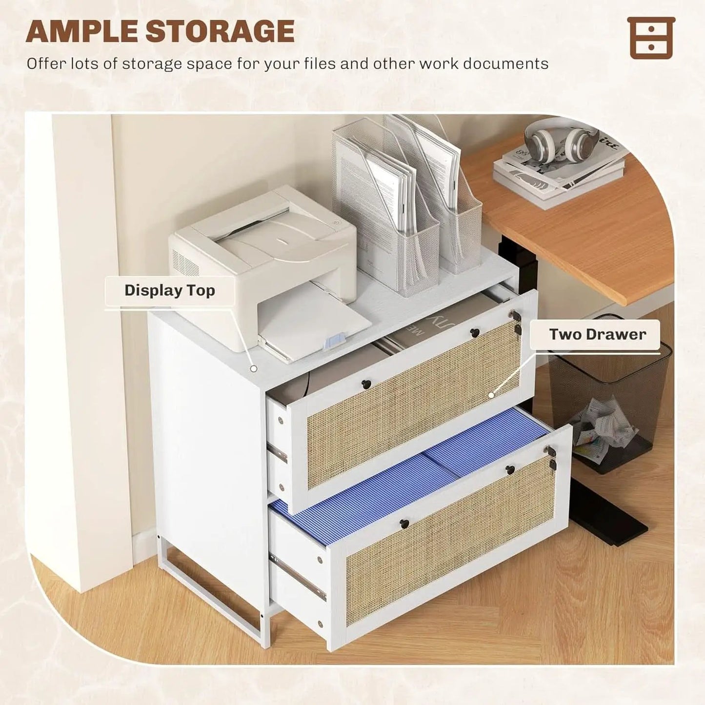 White Rattan 2 Drawer Locking Lateral File Cabinet from PriceLows™