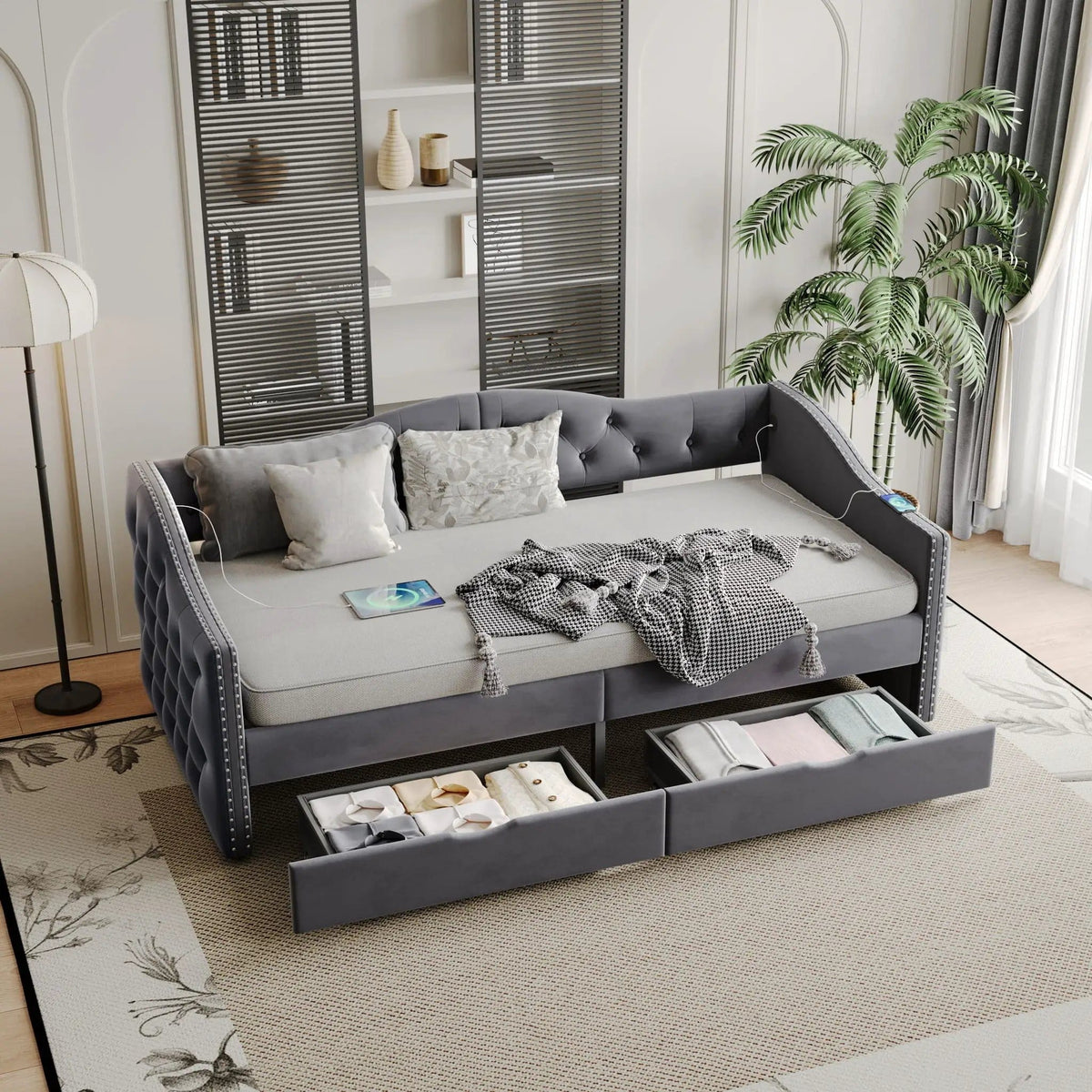 Full Size Bed Frame, Upholstered Cloud Bed Frame With Headboard, 2 Storage Drawers | 80 x 55.5 x 23.6 in | Linen & Wood | Gray