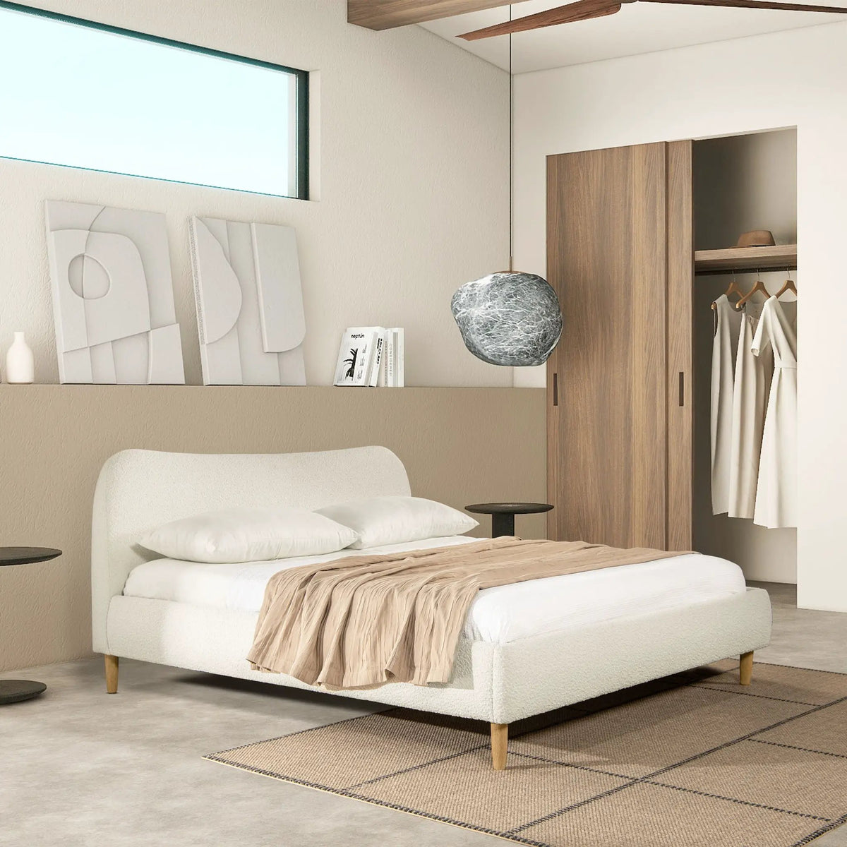 Roman Upholstered Platform Bed | Curved Headboard | Upholstered Rails | Eco-Friendly Construction