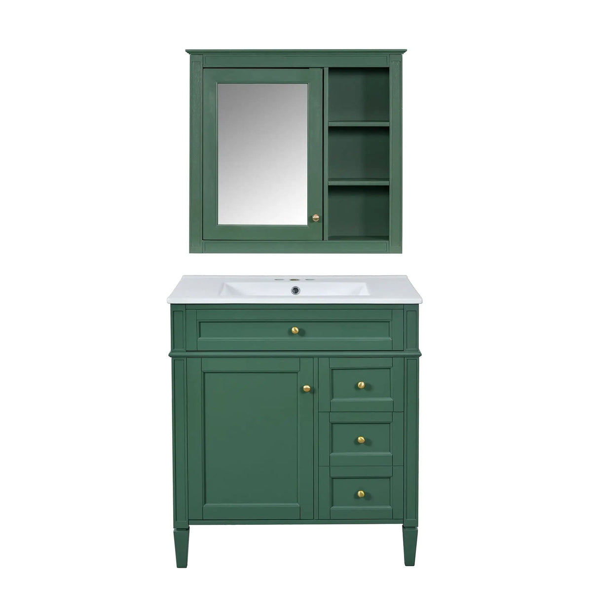 Bathroom Vanity With Top Sink, 2 Doors And 3 Drawers, Freestanding Set With Mirror | Vanity & Cabinet | Solid Wood & Ceramic | Bathroom