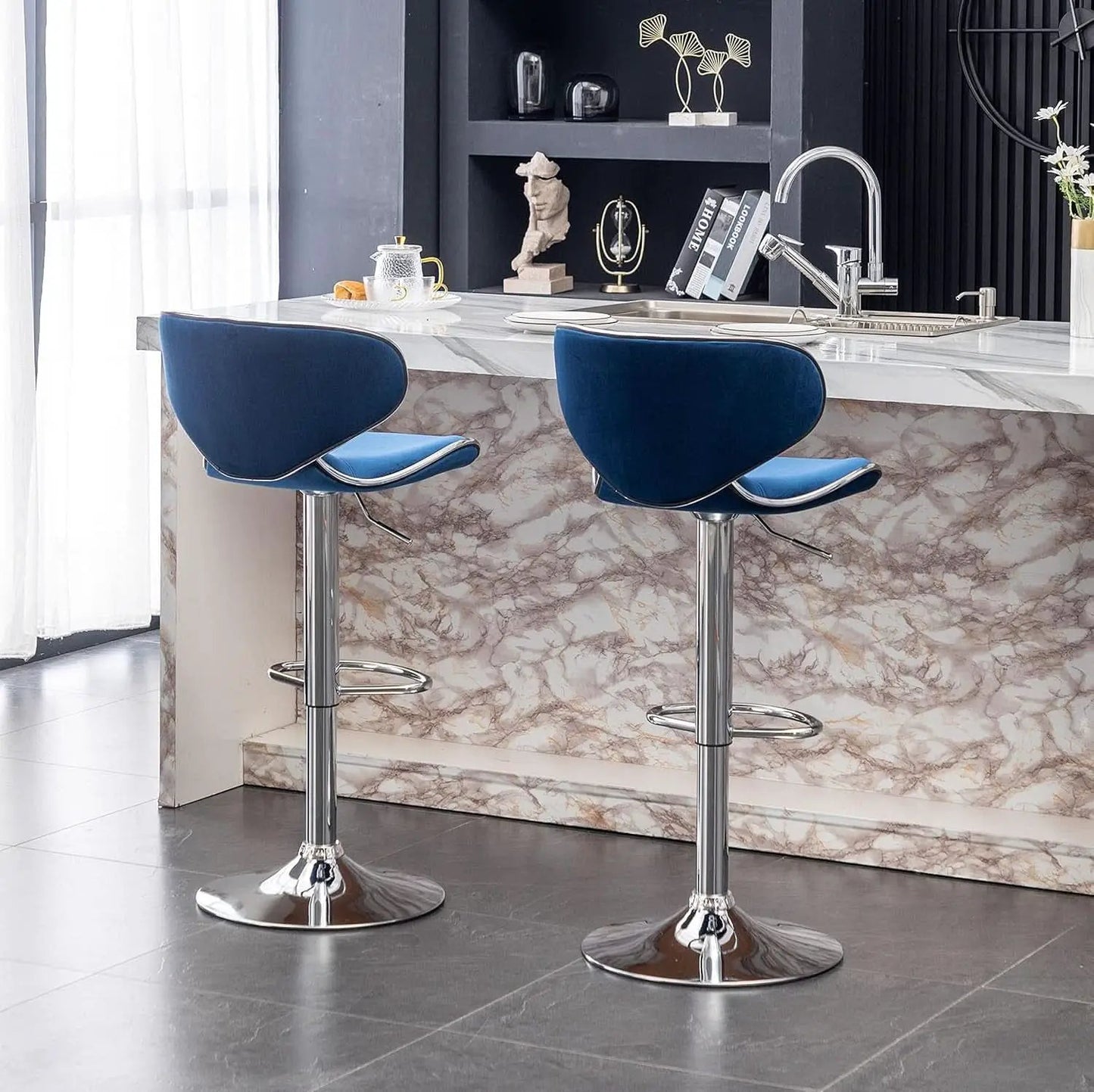 Blue Velvet Upholstered Adjustable Swivel Barstool Set Of 2 from PriceLows™