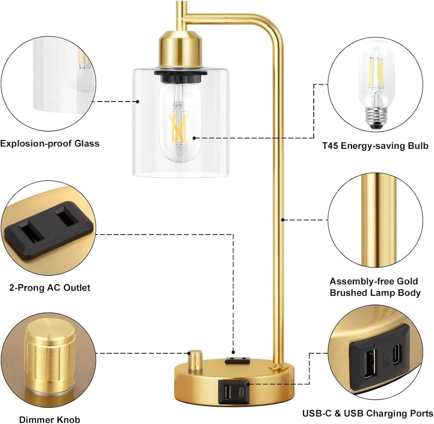 Industrial Dimmable Table Lamps Gold Finish With USB Ports from PriceLows™