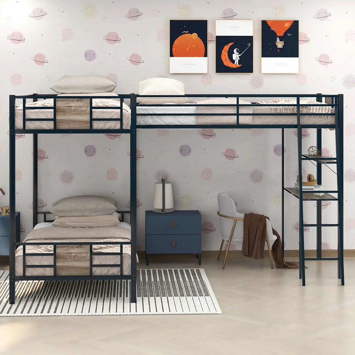 L-Shaped Twin Bunk Bed | Built In Desk | Twin Over Twin | Brown