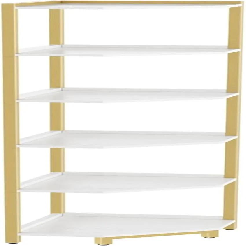 6-Tier Corner Shelf Stand White Gold Finish For Living Room from PriceLows™