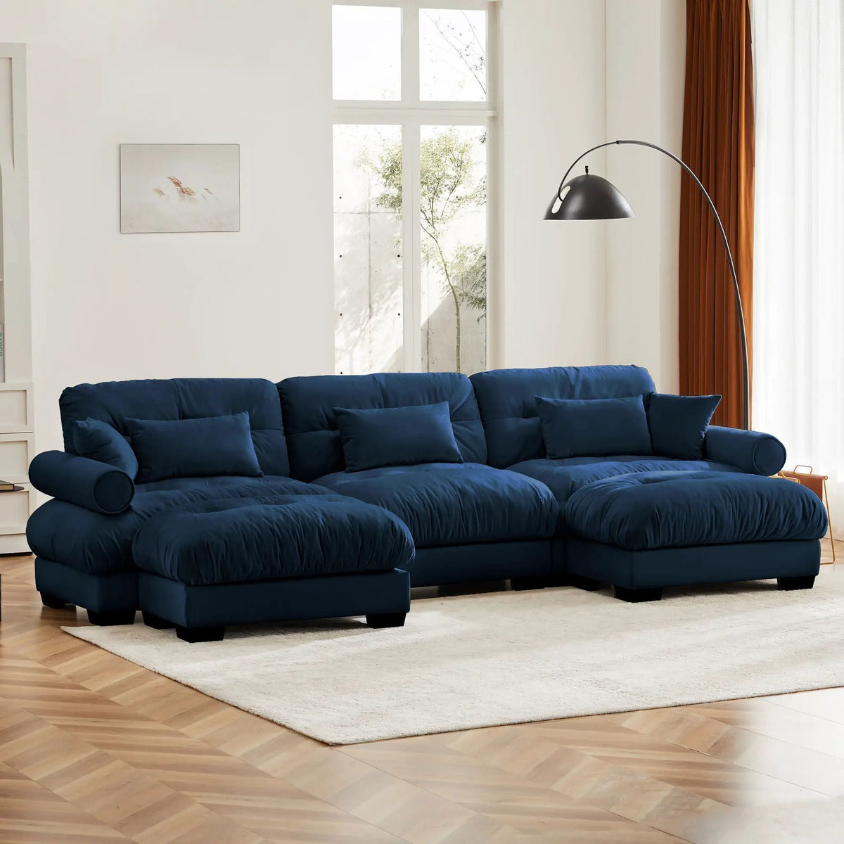 Modular Sectional Sofa | Deep Comfort Cushions | Vintage Fabric Ottoman