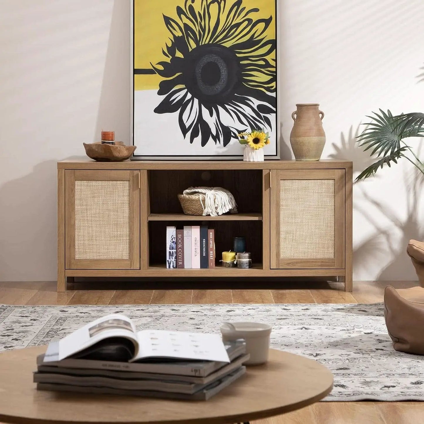 Boho Rattan TV Stand With Adjustable Shelves 59 Inch Oak from PriceLows™