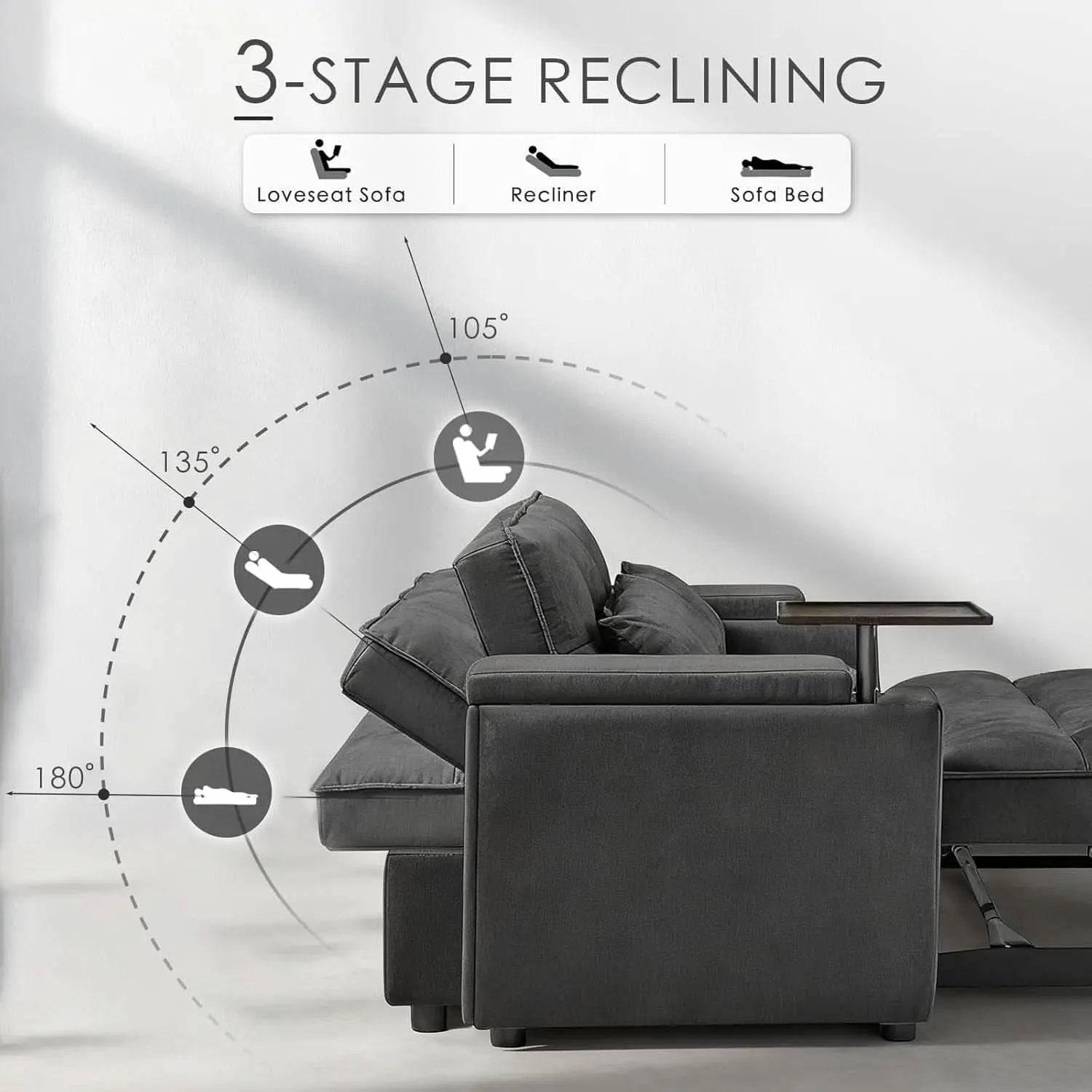 65Inch Grey Chenille Convertible Sleeper Sofa Table from PriceLows™