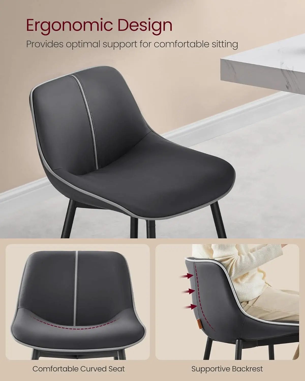 Bar Stools Set Of 2 Ink Black Synthetic Leather Bar Height Back Ergonomic from PriceLows™