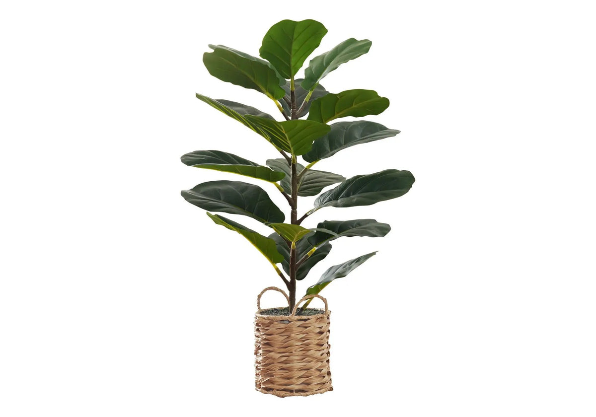 28 Inch Artificial Fiddle Tree | 18 Real Touch Leaves | 8 Inch Beige Pot | Indoor Faux Floor Plant