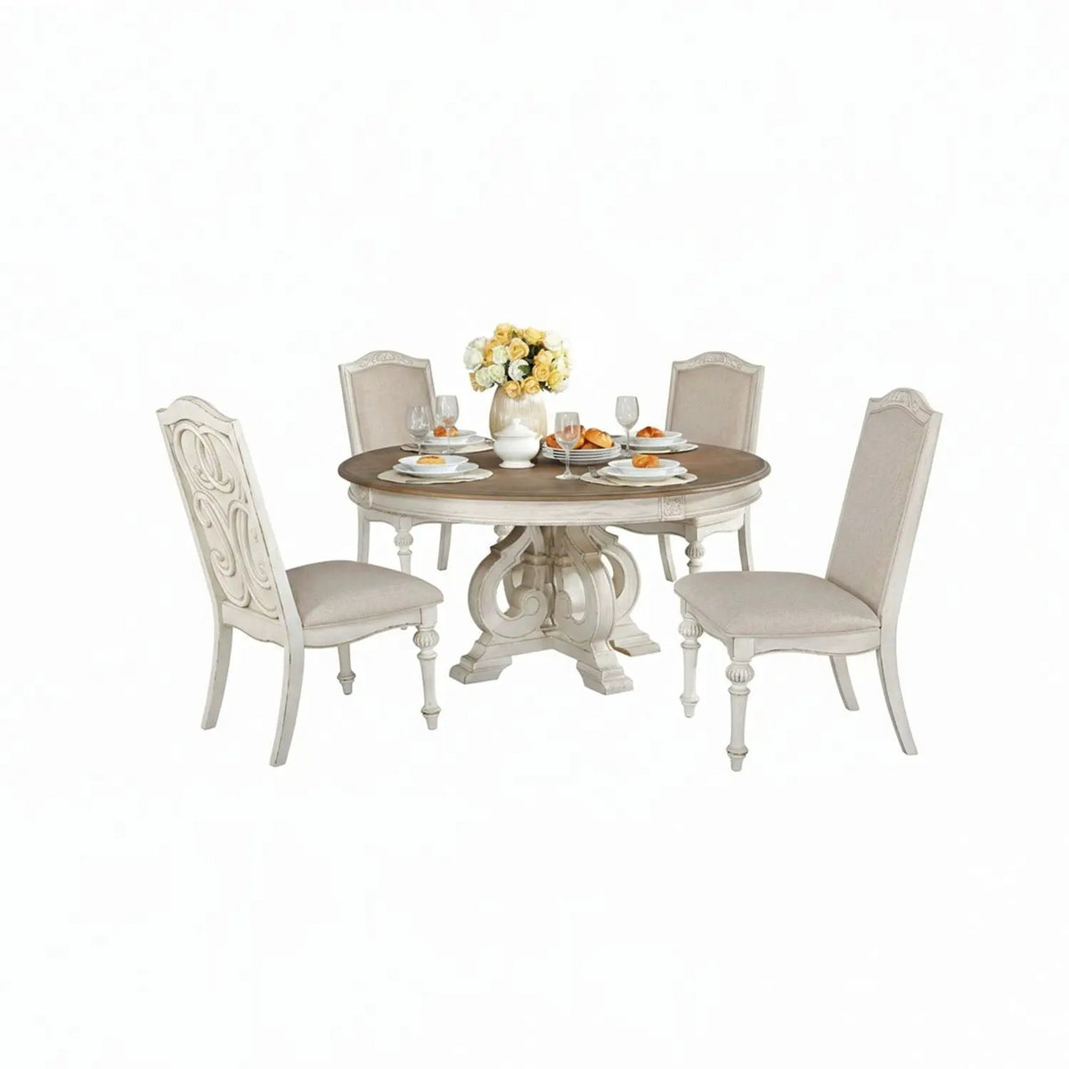 Round Dining Set | 7-Piece | Rustic Style | Pedestal Base Table With Side Chairs